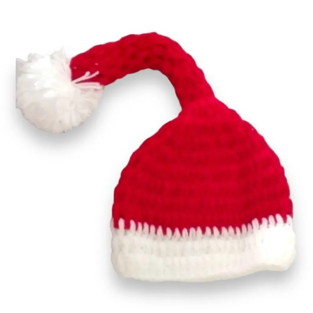 Newborn Infants Crocheted Santa Hat Red White Pom Beanies Cap NEW